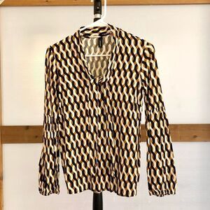 SOYACONCEPT Geometric Print Tie Collar LongSleeve Blouse Black Brown Cream Sz XS